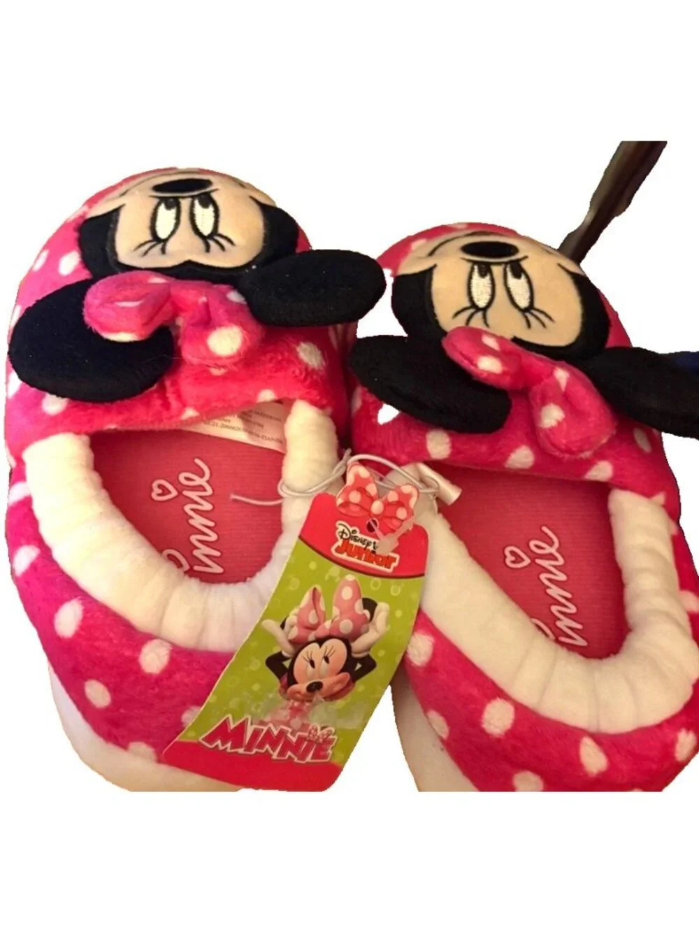 Girls Disney Jr Minnie Mouse Pink Polka Dots Slippers Plush Indoor Shoes L/9-10